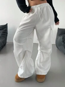 POPSWAY Plus Size Women's Solid Color Drawstring Waist Wide Leg Casual Cargo Pants Fall Cloth For Women - White - View 6