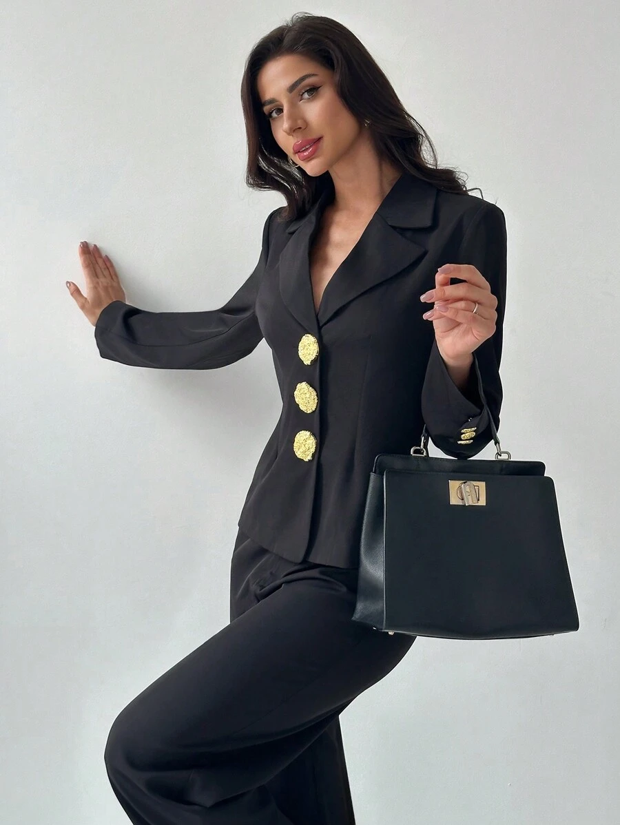 Firerie New Year Women Front Button Long Sleeve Simple Blouse And Long Pants Suit Set