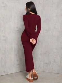 SHEIN PETITE Vestido de manga larga de unicolor negro con pliegues en la cintura