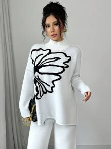 Elenzga Women's Stand Collar Long Sleeve Floral Pattern Minimalist Casual Sweater Knit Pullover Fall Winter