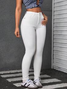 SHEIN Tall Women's Solid Color Front Button Pocket Casual Simple Jeans, Daily Wear - White - View 5