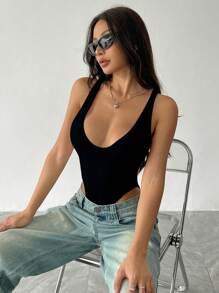 Flirla Women Simple Solid Color Wide Strap Bodysuit, Fitted, Casual Everyday Wear