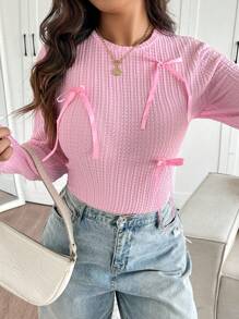 SHEIN Frenchy Plus Size Casual Elegant Bow Detail Crew Neck Pullover T-Shirt