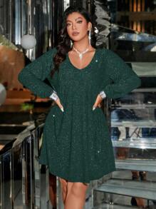 SHEIN Clasi Vestido casual de manga larga con cuello en V, talla grande, minimalista y de moda