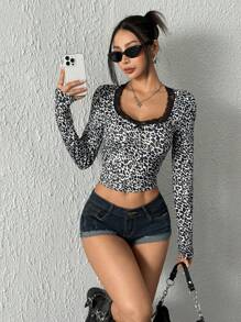 INAWLY Camiseta casual de mujer con contraste de encaje y estampado de leopardo/guepardo