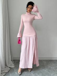 Chiquease 高领长袖荷叶边袖口和下摆开叉连衣裙，高弹力超舒适透气保暖修身浅色女式长裙，秋冬季，女士圣诞服装，感恩节服装女士长款女装 - 淺粉色 - 查看 4