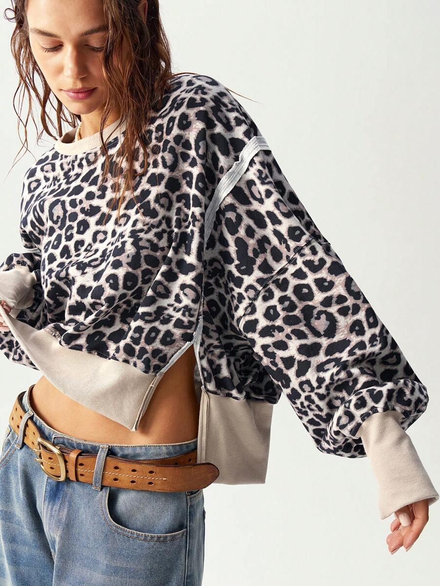 Bohemela 休闲针织拼布镂空肩长袖宽松女式运动衫