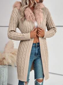 SHEIN LUNE 女士纯色简约日常长袖羊毛连帽开衫 - 卡其色 - 查看 5