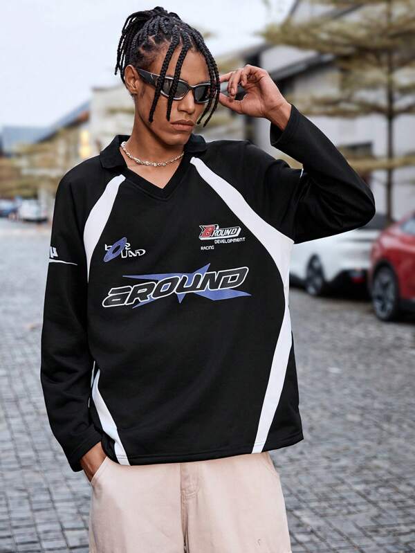 Manfinity Streetrush Classic Colorblock Splicing Race Car Polo Shirt, Streetwear Style