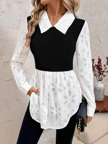 SHEIN Clasi Zwart-wit patchwork cut-out lange mouw aansluitende blouse voor dames lange mouw tops lange mouw shirt - Zwart & wit - Bekijken 6