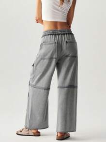 Bohemela Vacation Casual Solid Color Knitted Pleated Pocket Palazzo Pants For Women