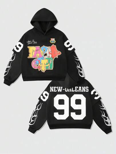 Street Life Men's Autumn Letter Flame Print Long Sleeve Casual Double Layer Sleeve Hoodie Sweatshirt