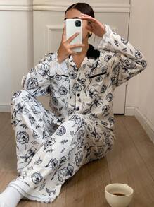 DAZY Women Floral Line Sketch Print Contrasting Collar Long Sleeve Button Front Top And Pants Pajama Set - Khaki - View 6