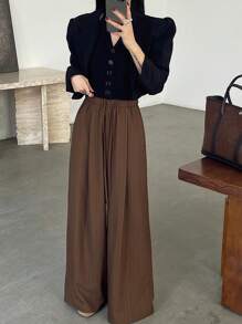 DAZY 新款春夏女士宽松休闲纹理面料裤子，适合办公室穿着 - 棕色 - 查看 2