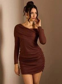 Glamine Autumn/Winter Asymmetrical Ruched Slim Elegant Women Sweater Dress - Coffee Brown - View 3