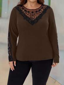 EMERY ROSE تيشيرت أنيق أكمام طويلة بطاقم رقبة للمرأة ذات الحجم الكبير مزخرف بالنباتات والشبك ، فساتين سهرة للنساء ، ملابس نسائية للخريف