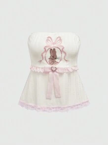 ROMWE Kawaii Áo ống Babydoll thêu nơ thỏ dễ thương gợi cảm Himekaji - Màu be - Xem 1