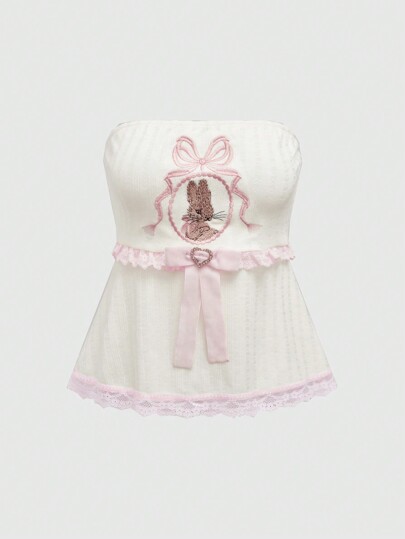 Kawaii Canottiera sexy e carina da donna in stile Himekaji con ricamo a fiocco di coniglio e pizzo