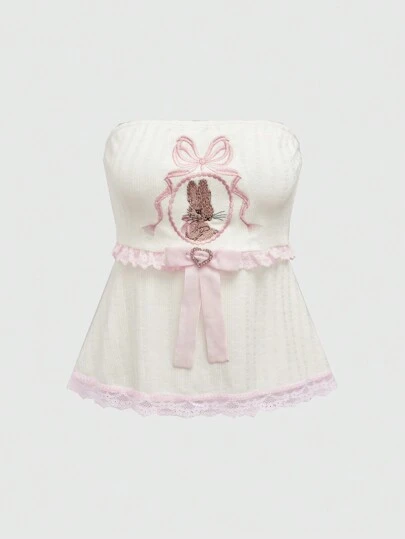 ROMWE Kawaii 女士 Himekaji 性感可爱兔子蝴蝶结刺绣蕾丝边娃娃装抹胸