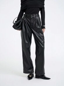 SHEIN LUNE Quần dài thời trang xếp ly da PU màu trơn cho nữ - màu đen - Xem 3