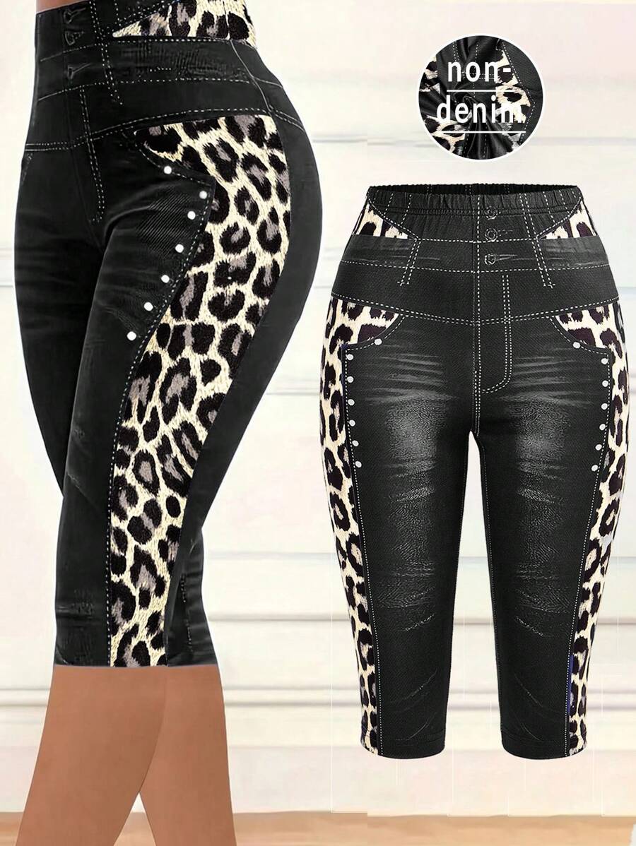 SHEIN Clasi Women's Denim Effect & Leopard Print Leggings, Comfortable & Fashionable - Black - View 1