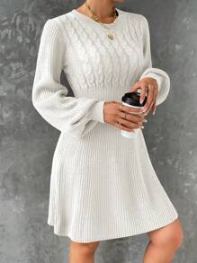 SHEIN LUNE Vestido de punto de cintura ajustada de unicolor, casual y versátil para otoño/invierno - Blanco - Ver 5