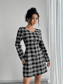 SHEIN Unity 女士格纹圆领长袖单排扣短款休闲连衣裙，秋季 - 黑色 - 查看 6