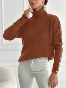 EURMUSE Của phụ nữ Cổ cao Chất rắn Đồ đan Ribbed Chi tiết Nút Áo len - Màu Đỏ Sâu - Xem 3