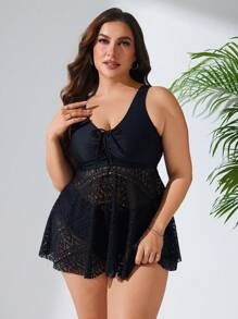 SHEIN Swim Curve 2pcs Plus Size Women Lace Up Hollow Out Lace Drawstring Elegant Plus Size Swimsuit Summer - Black - View 5