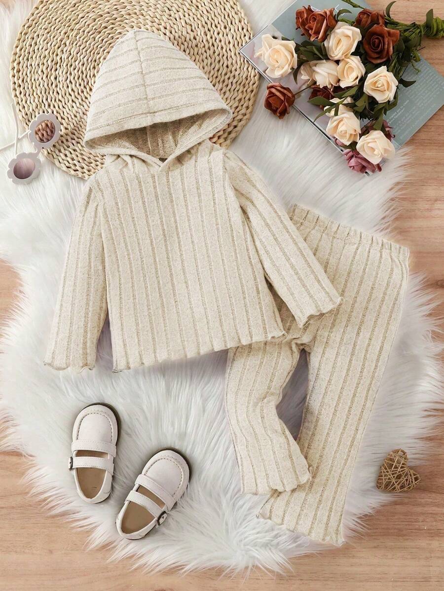 2 bucăți drăguț de culoare solidă, tricotat cu glugă, cu glugă, și set de pantaloni sport tricotați cu nervuri pentru fetițe, moale, confortabil și dulce - Caisă - Vizualizare 1