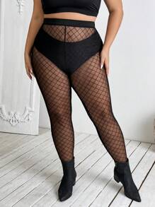 SHEIN CURVE+ CURVE PLUS /情人节/加大码女士透明网纱性感迷人黑色打底裤，情人节 - 黑色 - 查看 3