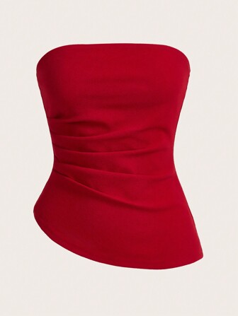 SHEIN Essnce Women's Plain Color Ruched Asymmetric Hem Casual Tube Top