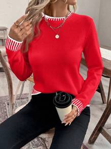 SHEIN VCAY 女士条纹拼色时尚休闲度假毛衣，秋冬 - 紅色 - 查看 3