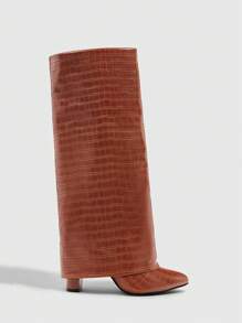 CUCCOO SZL 女士时尚棕色石纹粗跟尖头过膝靴，时尚派对、节日和圣诞节新年情人节 - 棕色 - 查看 9