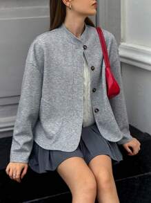 INAWLY Women's Solid Color Drop Shoulder Long Sleeve Single-Breasted Loose Casual Jacket, Autumn - Light Grey - View 8