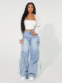 SHEIN SXY Jeans casuales con bolsillos, cierre con botones y cordón para mujer