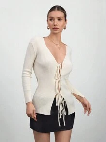 CLARA VERO Casual Crew Neck Tie Knot Cardigan Solid Color Simple - Apricot - View 2