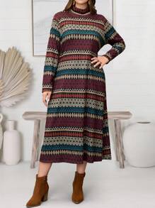 EMERY ROSE Plus Size Mock Neck Long Sleeve Striped Casual Dress,Winter Clothes For Women