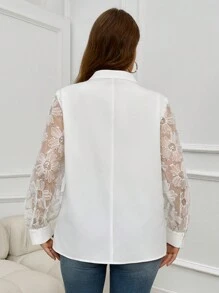 SHEIN Clasi 大码纯色拼接 V 领长袖亮片装饰衬衫 - 白色 - 查看 3