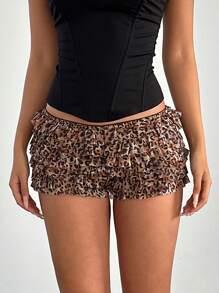 Aloruh Women's Spring/Summer Music Festival Lace Trim Bowknot Leopard Print Mesh Multi-Layer Ruffle Extremely Short Shorts