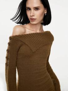 SHEIN Unity 女士休闲纯色不对称领修身迷你毛衣裙，秋冬 - 摩卡棕 - 查看 4