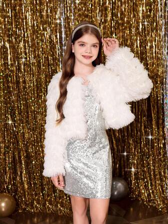 SHEIN 青少年女孩优雅 2 件套：亮片连衣裙和蓬松流苏夹克，适合圣诞节