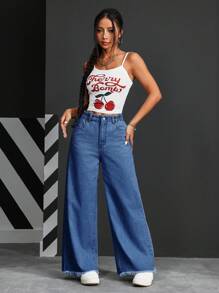 SHEIN PETITE Women's Front Button Pocket Simple Denim Jeans, Casual Everyday Wear