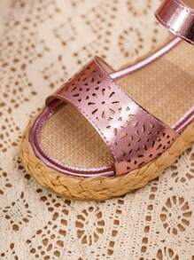 可爱时尚透气亚麻绳厚底儿童女童平底凉鞋 - 粉色 - 查看 6