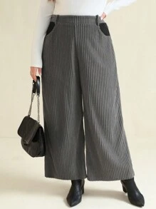 SHEIN Clasi Plus Size Corduroy Color Block Pocket Regular Casual Pants, Autumn/Winter - Grey - View 1