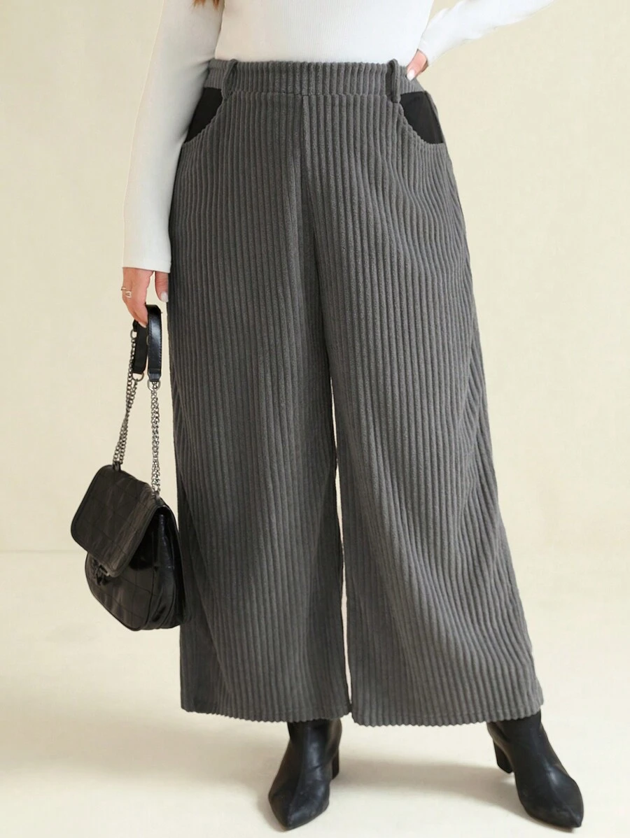 SHEIN Clasi Plus Size Corduroy Color Block Pocket Regular Casual Pants, Autumn/Winter - Grey - View 1