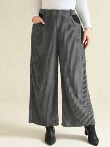 SHEIN Clasi Plus Size Corduroy Color Block Pocket Regular Casual Pants, Autumn/Winter - Grey - View 3