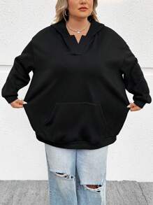 SHEIN CURVE+ Plus Size Women Casual Loose Fit Hooded Pullover Sweatshirt With Pockets, Suitable For Autumn/Winter