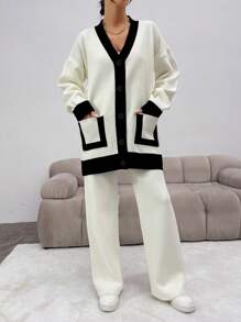 EURMUSE 女款拼色開襟衫和針織褲套裝 - 黑與白 - 查看 6