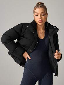Women's Casual Black Zip-Up Padded Coat - Black - View 5
